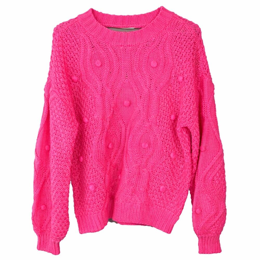 Kori Hot Pink Pom Pom Knit Long Sleeve Bold Femme Y2K Pop Cozy Sweater Small